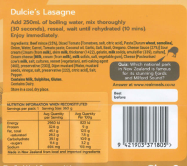Real Meals Dulcie's Lasagne